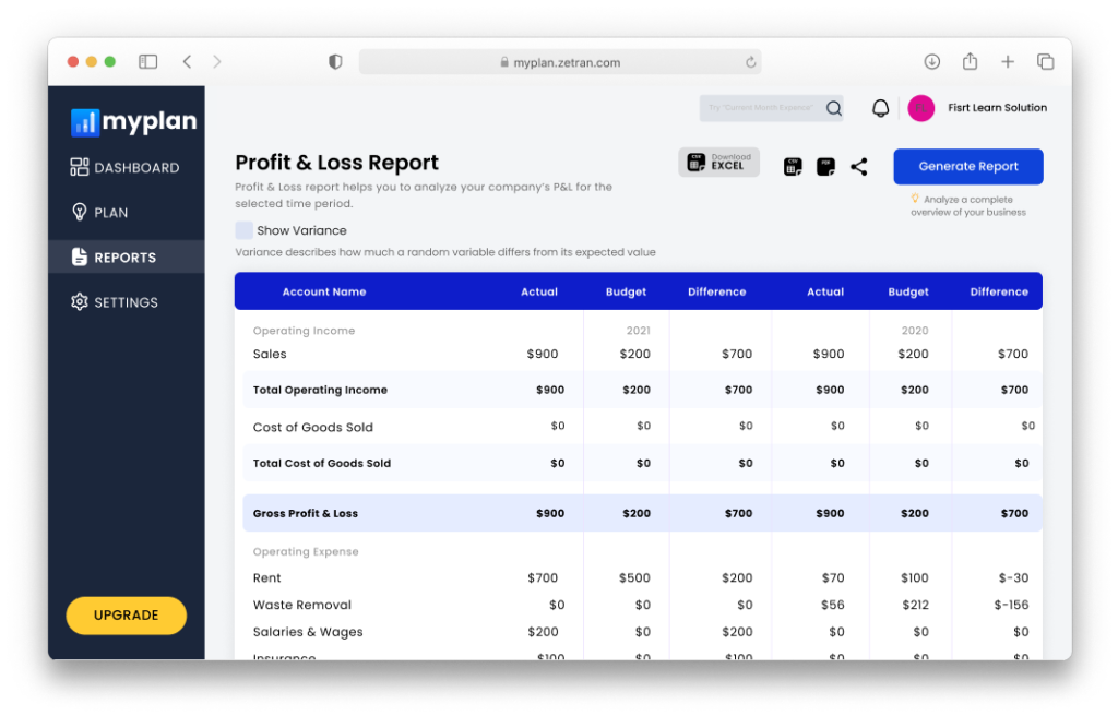 myPlan P&L report screenshot